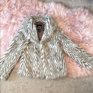 Say What? Striped Faux Fur Teddy Jacket - Gray and Cream